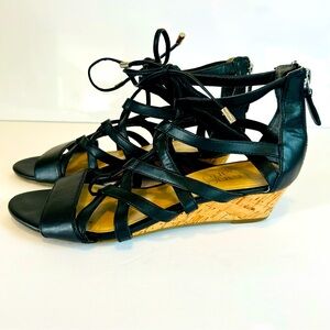 Franco Sarto Brixie Black Open Toe Lace Up Strappy Wedge Sandal Sz 6.5